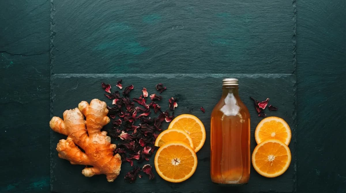 Jengibre fresco, flor de jamaica y rodajas de naranja junto a una botella de kombucha sobre pizarra oscura.