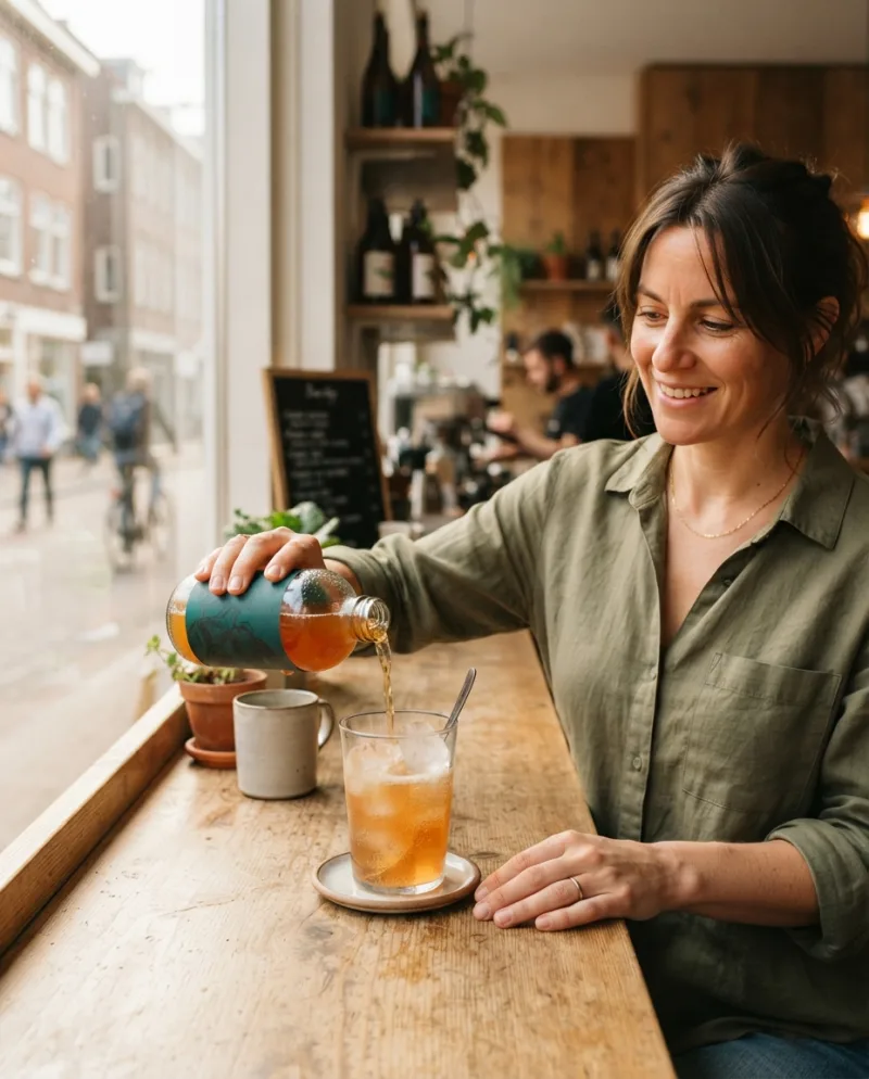 Una mujer sirve kombucha en un vaso con hielo sobre el mostrador de madera de un café.